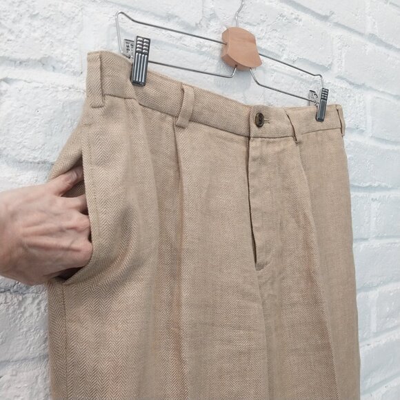 346 Brooks Brothers 100% Linen Pants Men 32x30 Dark Beige Tan Herringbone Cuffed - Picture 2 of 13